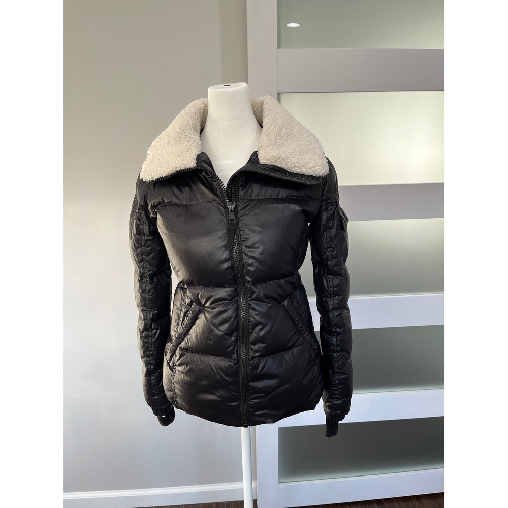 S13 New York Black Puffer Jacket Sherpa Collar Quilted‎ Down Fill Women's XS